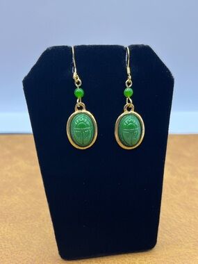 Green Scarab Drop Earrings - Gold-Tone Frame Egyptian Revival Drop Earrings
